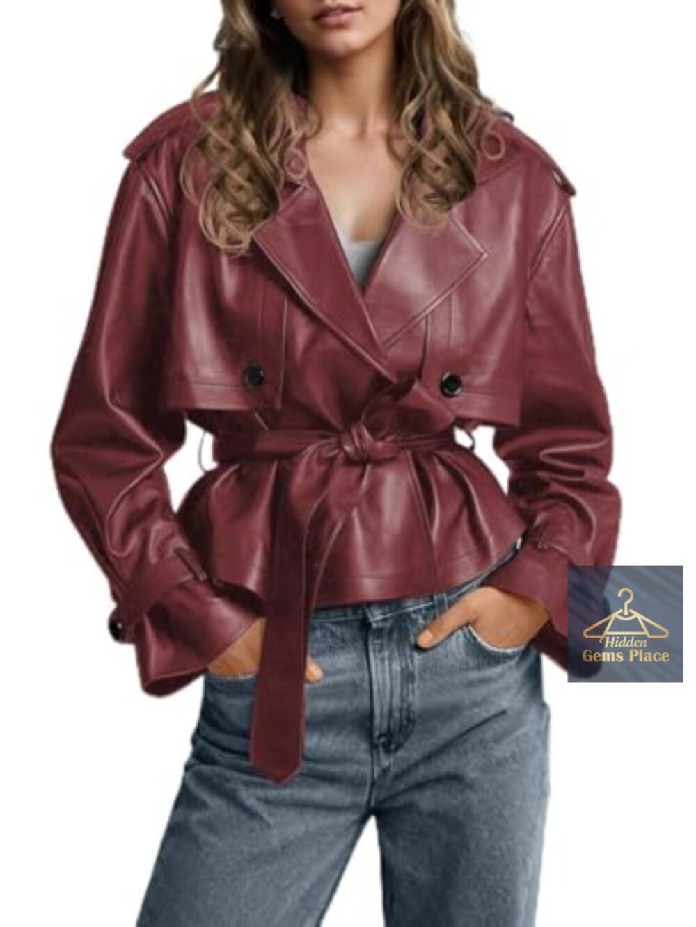 Women's Faux Leather Belted Trench Coat Motorcycle Jacket Long Sleeve Notch